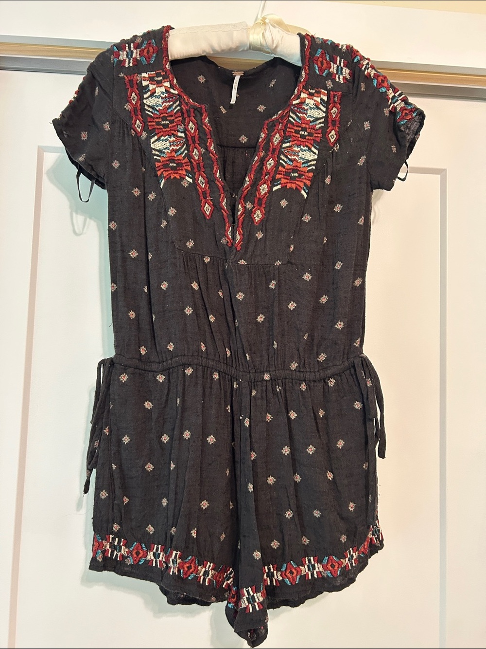 Free People Black Embroidered Cotton Romper with Red Accents